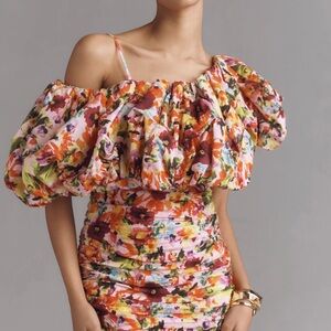 Elliatt Orange Pink Ruched Ruffled Mini Dress from Anthropology!